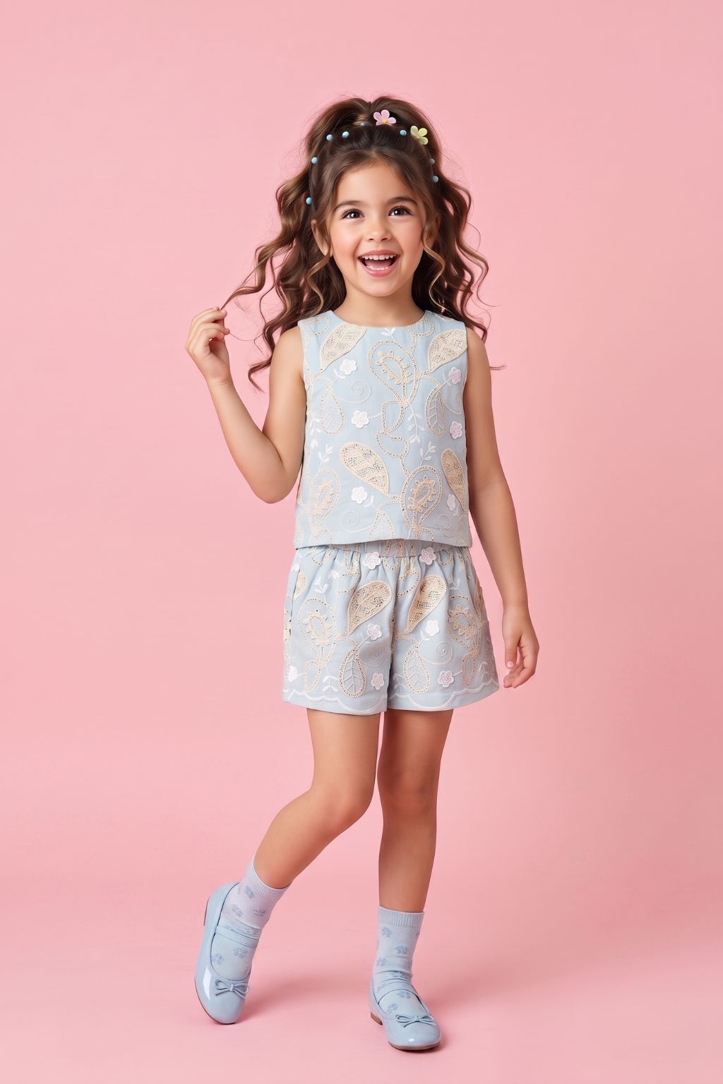 Girls Powder Blue Embroidered Co-Ord Set 3258