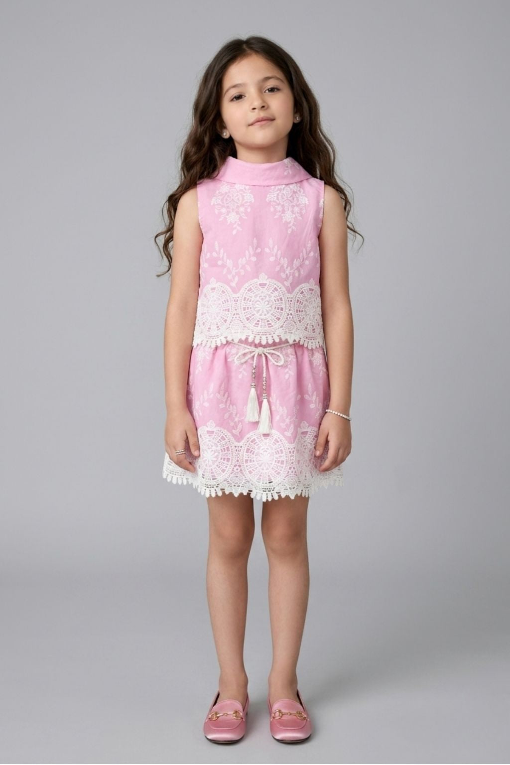 Pink Lace Embroidered Sleeveless Dress SET3265