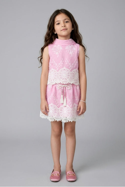 Pink Lace Embroidered Sleeveless Dress SET3265