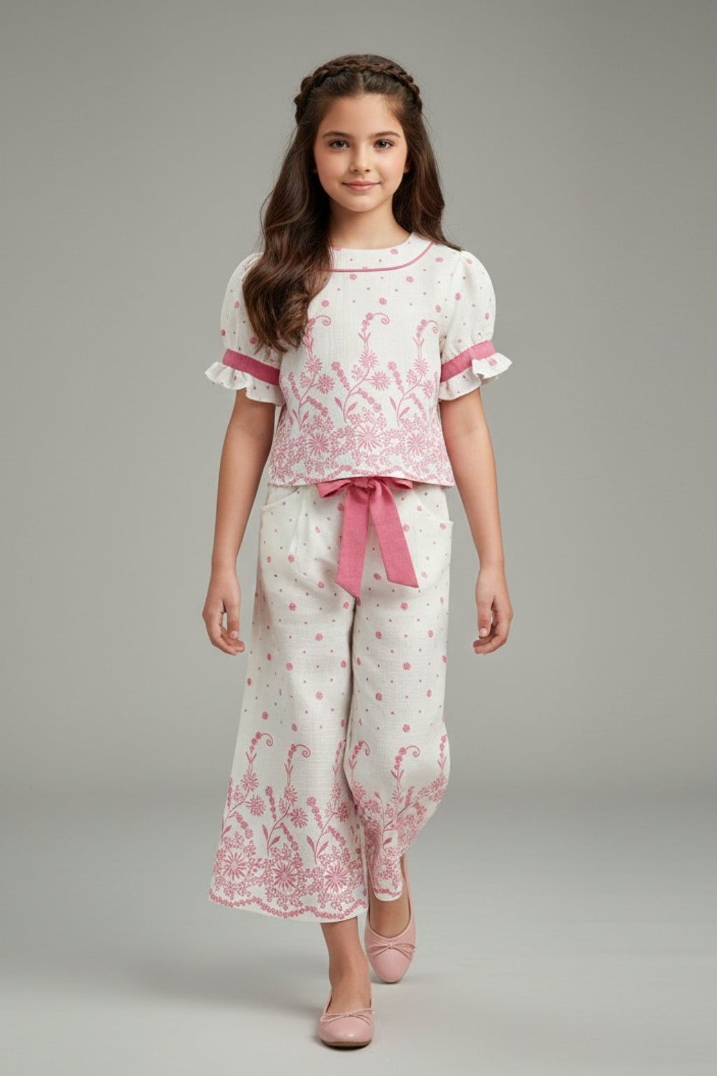 Coral Floral Printed Top With Wide Leg Pants Set 3269