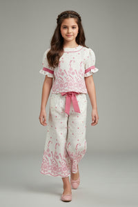 Coral Floral Printed Top With Wide Leg Pants Set 3269