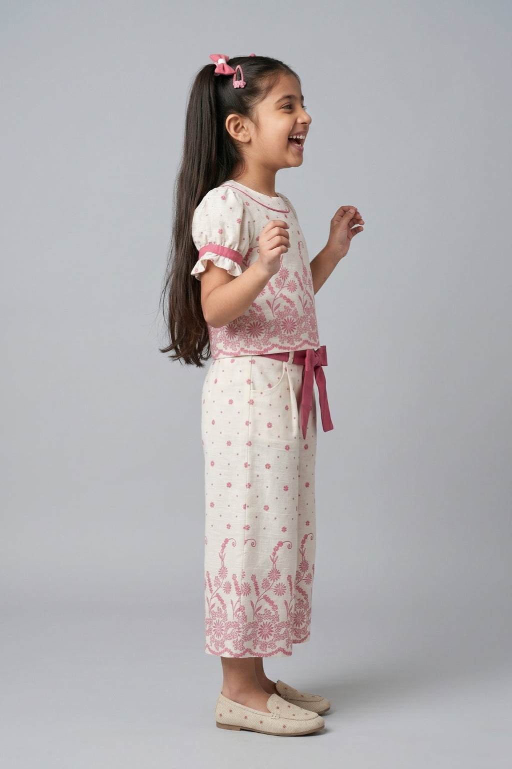 Coral Floral Printed Top With Wide Leg Pants Set 3269
