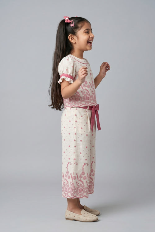 Coral Floral Printed Top With Wide Leg Pants Set 3269