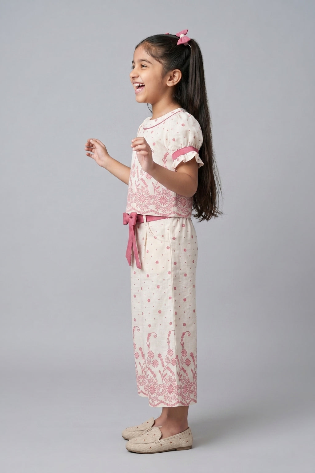 Coral Floral Printed Top With Wide Leg Pants Set 3269