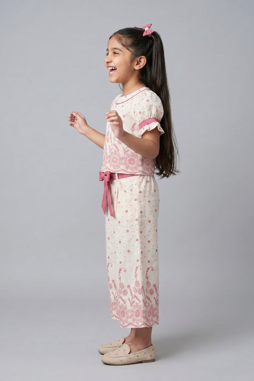 Coral Floral Printed Top With Wide Leg Pants Set 3269