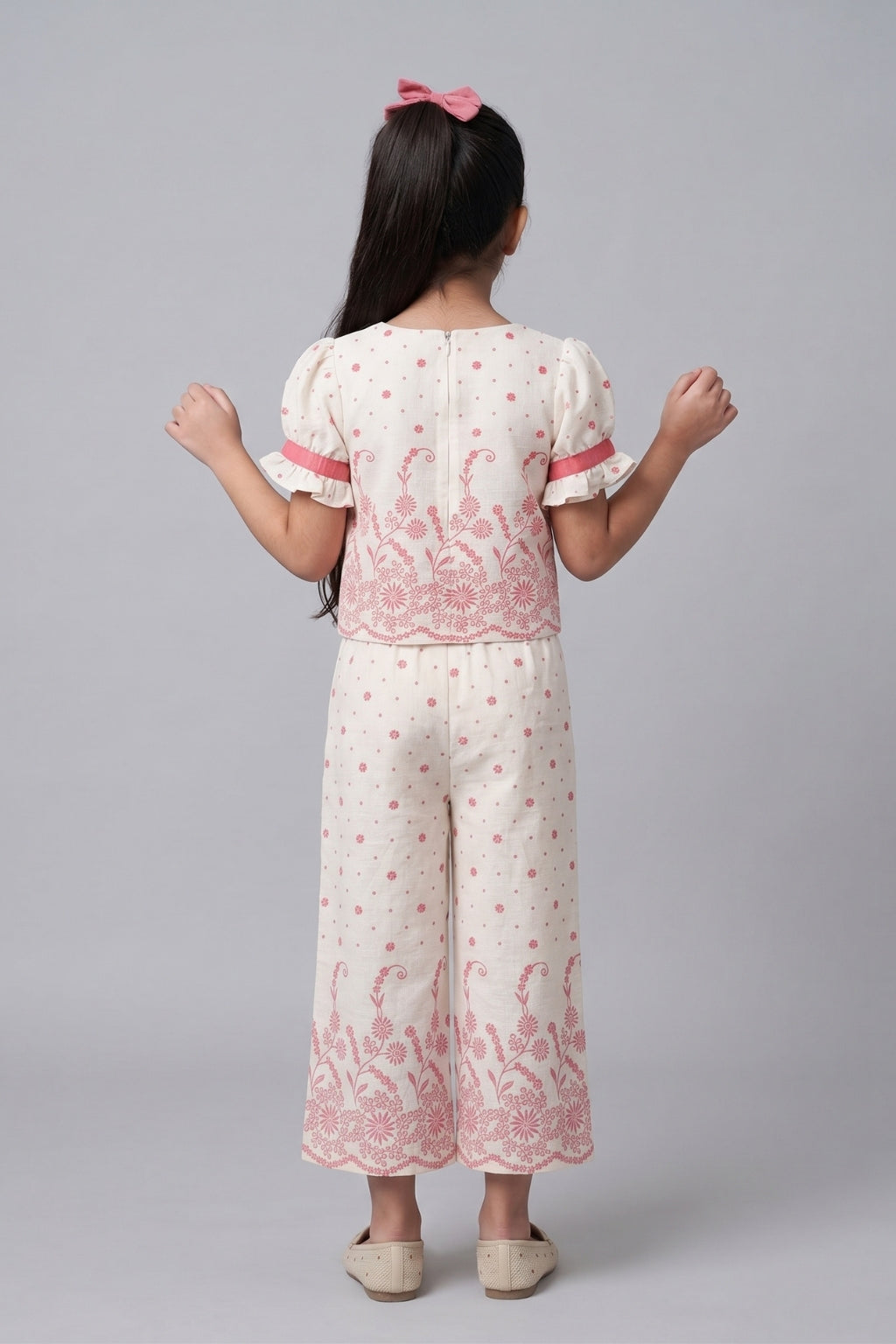 Coral Floral Printed Top With Wide Leg Pants Set 3269