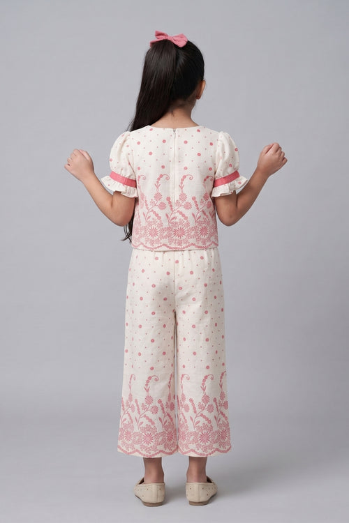 Coral Floral Printed Top With Wide Leg Pants Set 3269