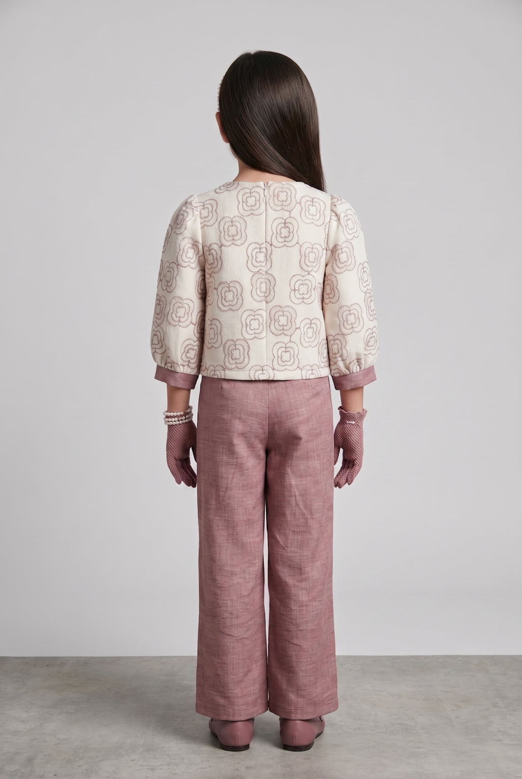 Ivory Floral Top with Onion Pink Wide-Leg Trousers SET3424