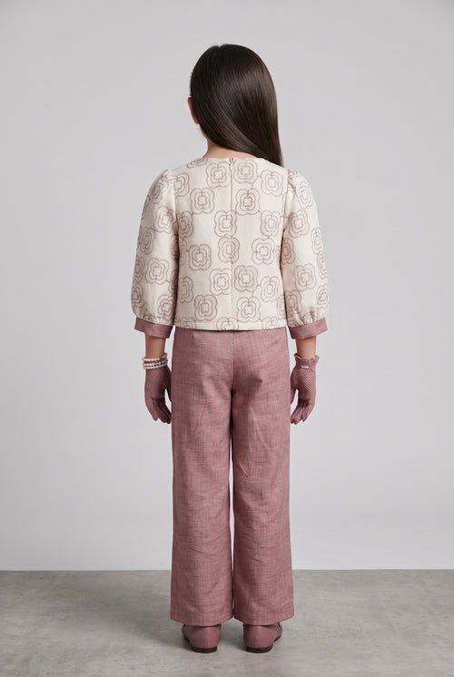 Ivory Floral Top with Onion Pink Wide-Leg Trousers SET3424