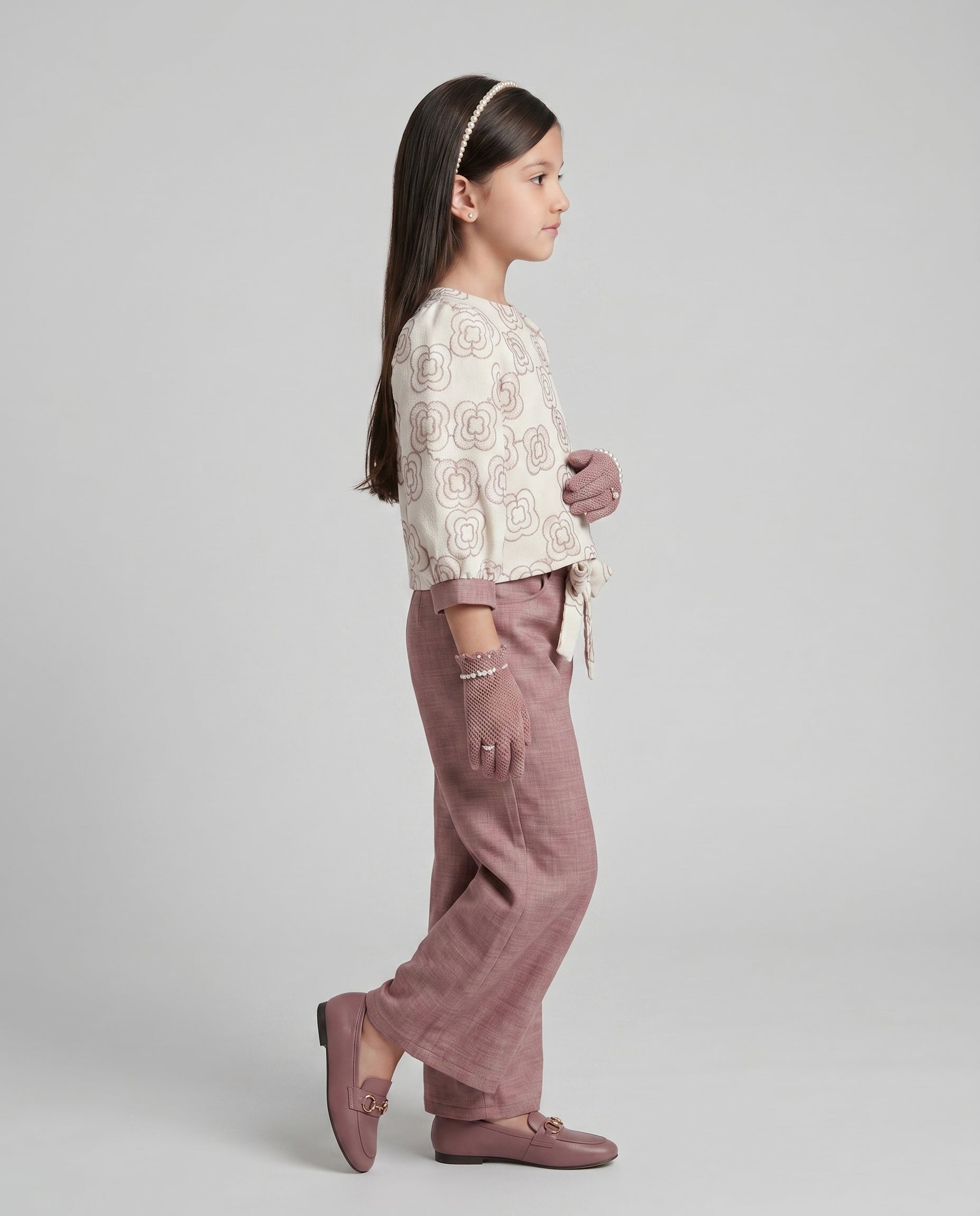 Ivory Floral Top with Onion Pink Wide-Leg Trousers SET3424