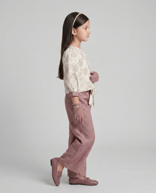 Ivory Floral Top with Onion Pink Wide-Leg Trousers SET3424