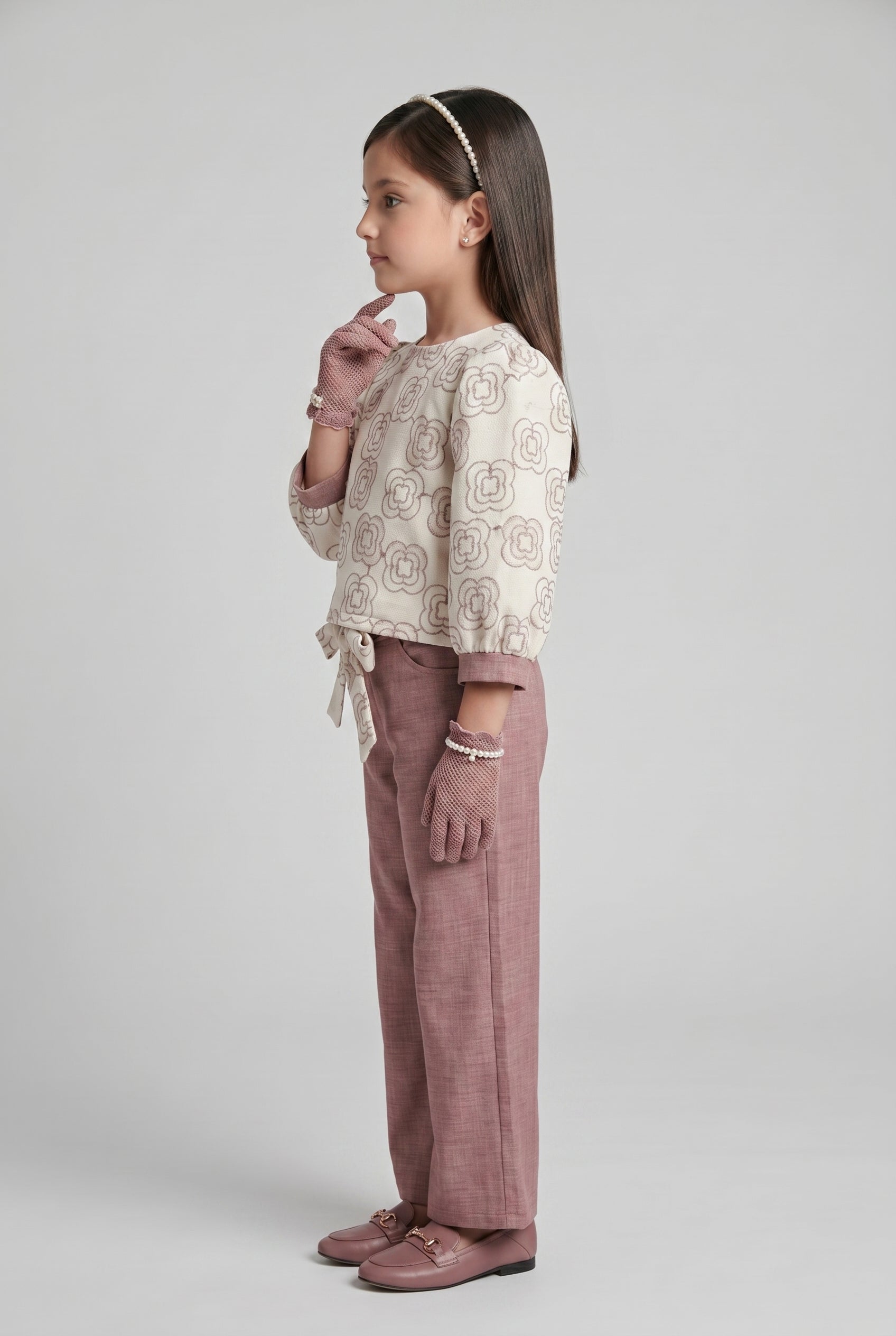 Ivory Floral Top with Onion Pink Wide-Leg Trousers SET3424