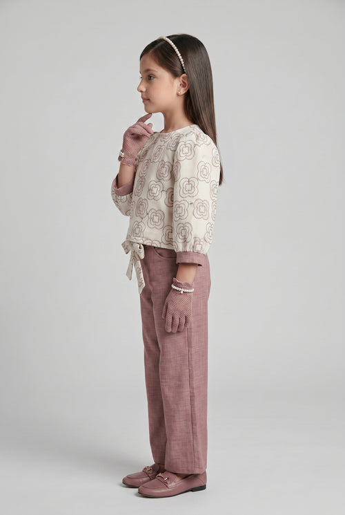 Ivory Floral Top with Onion Pink Wide-Leg Trousers SET3424