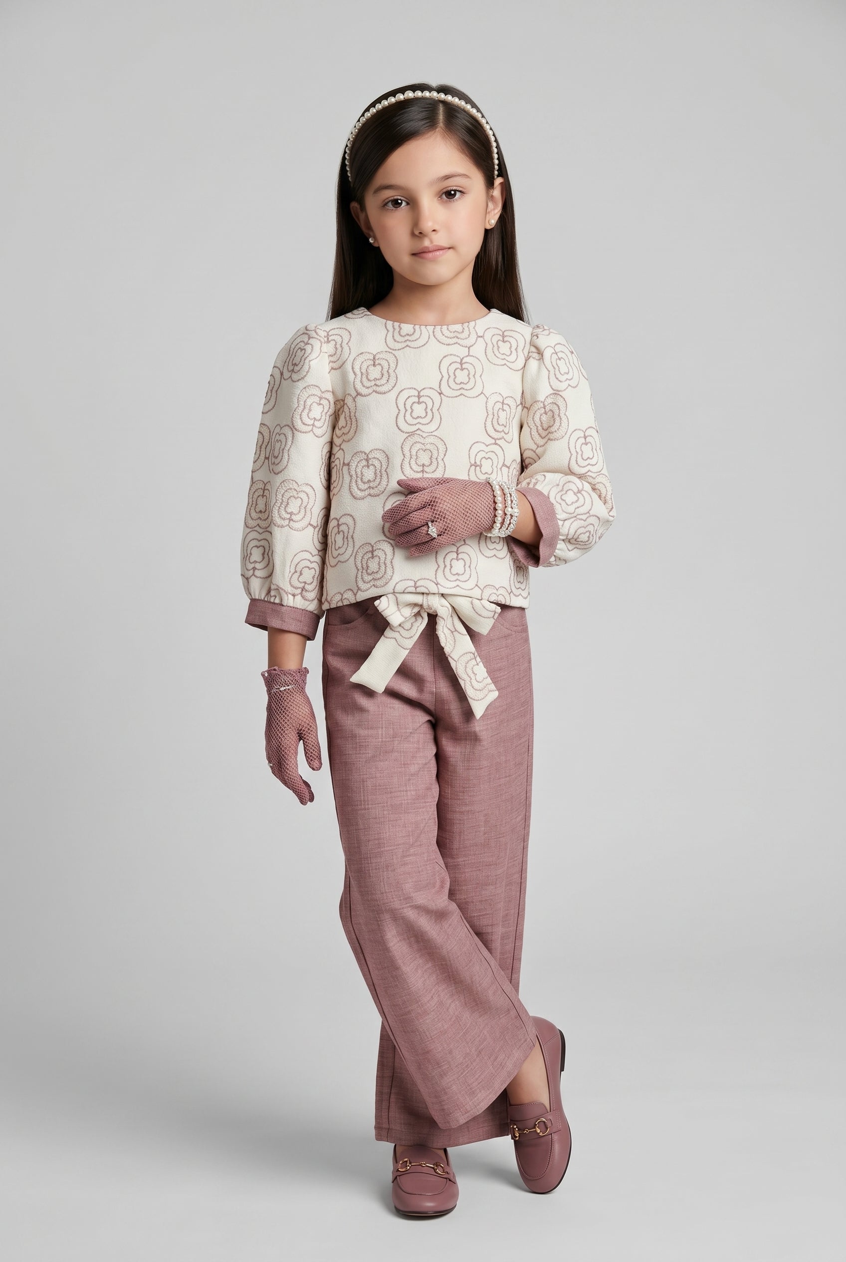 Ivory Floral Top with Onion Pink Wide-Leg Trousers SET3424