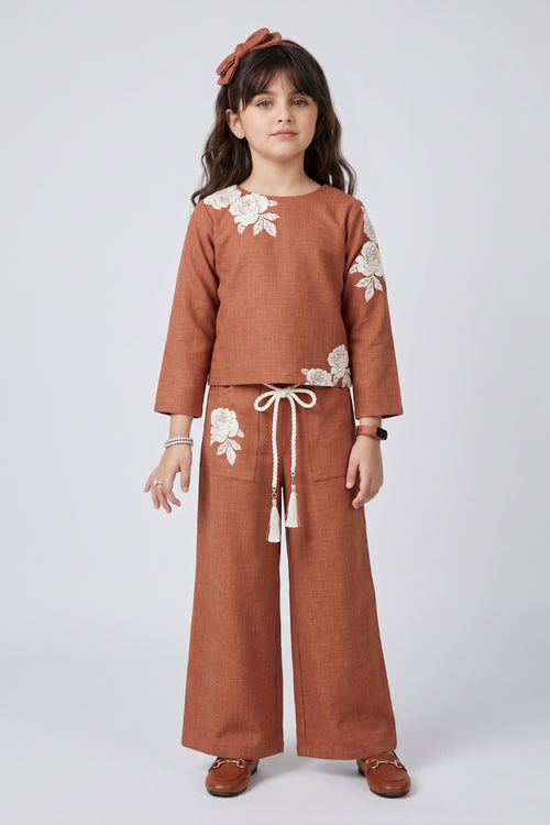Rust Floral Motif Top & Wide-Leg Pants Co-ord Set 3426