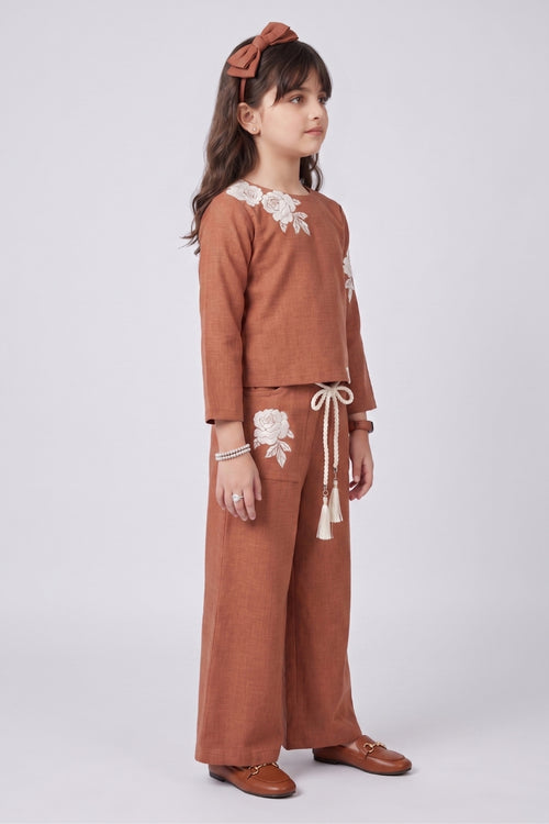 Rust Floral Motif Top & Wide-Leg Pants Co-ord Set 3426