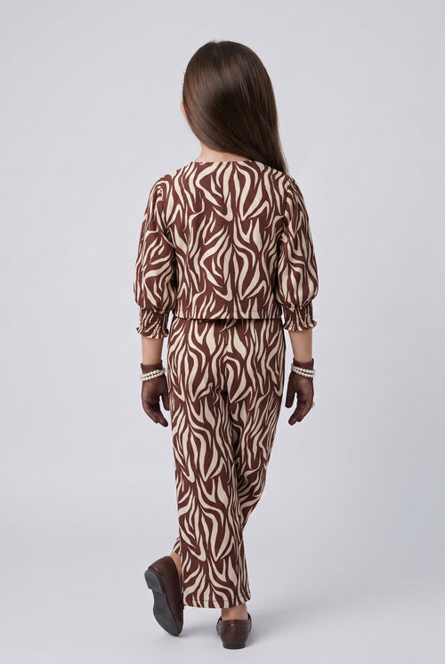 Brown Zebra Print Three-Piece Co-ord Set for Girls SET3433