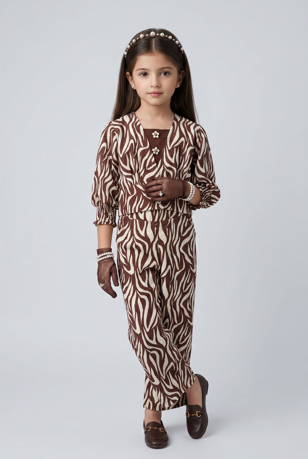Brown Zebra Print Three-Piece Co-ord Set for Girls SET3433