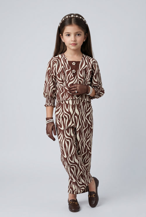 Brown Zebra Print Three-Piece Co-ord Set for Girls SET3433