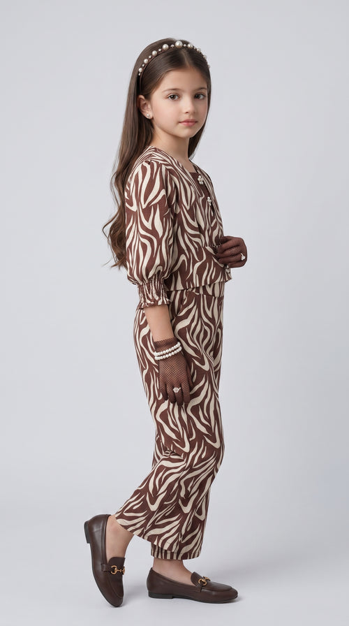 Brown Zebra Print Three-Piece Co-ord Set for Girls SET3433