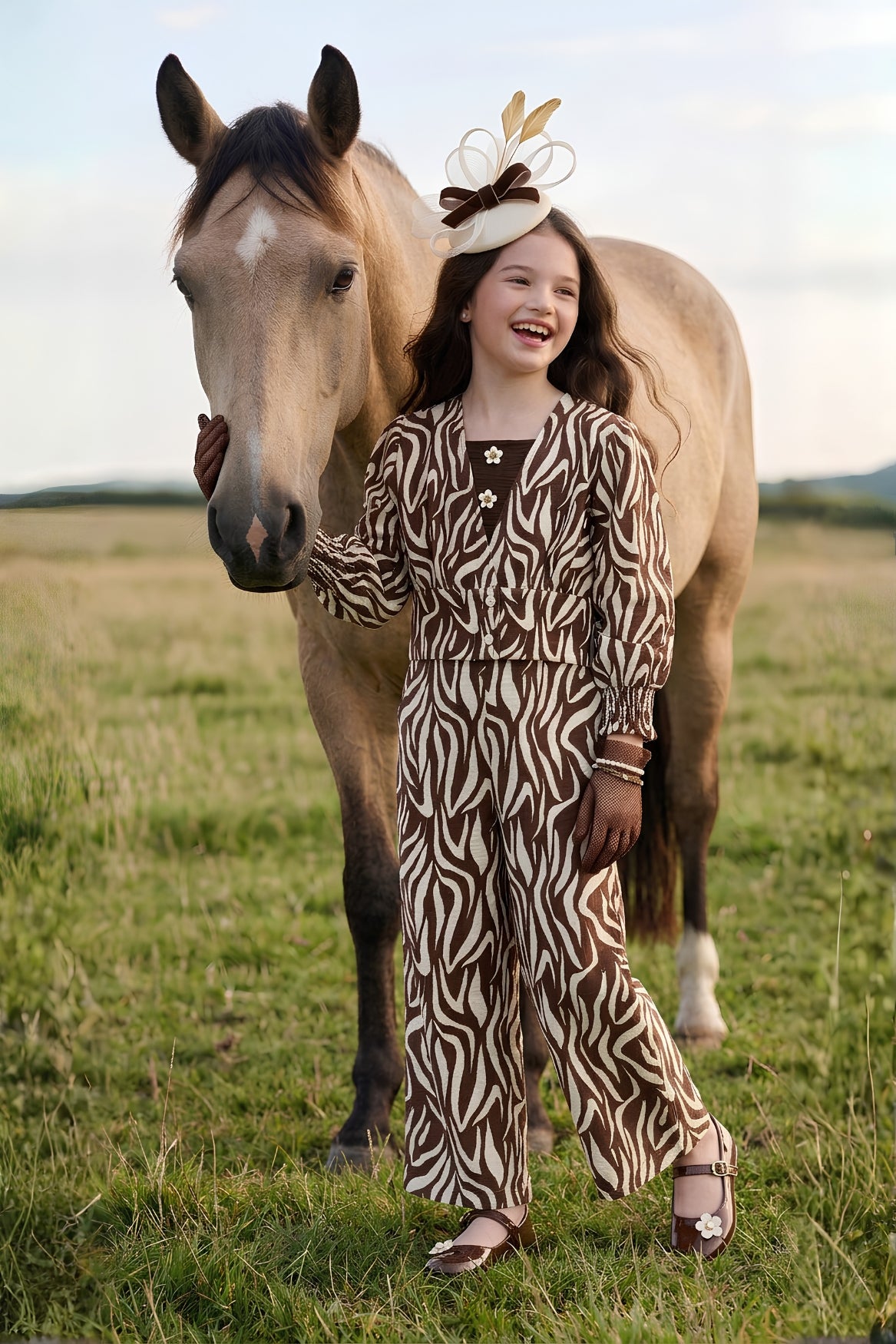 Brown Zebra Print Three-Piece Co-ord Set for Girls SET3433