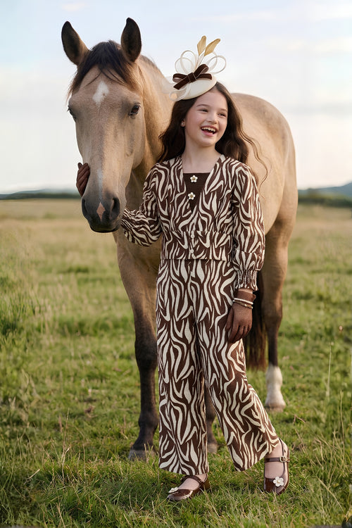 Brown Zebra Print Three-Piece Co-ord Set for Girls SET3433