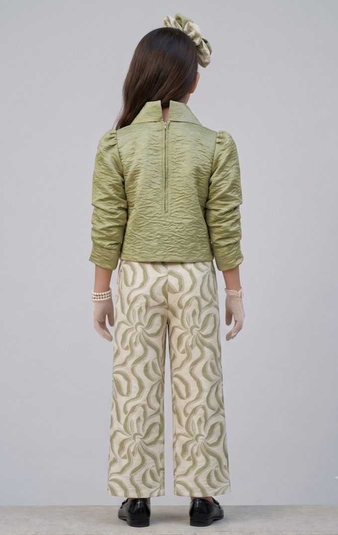 Pista Green Textured Collared Top & Printed Wide-Leg Pants Co-ord Set 3436