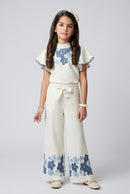 Off-White Blue Floral Flutter Sleeve Top & Wide-Leg Pants Co-Ord 3437