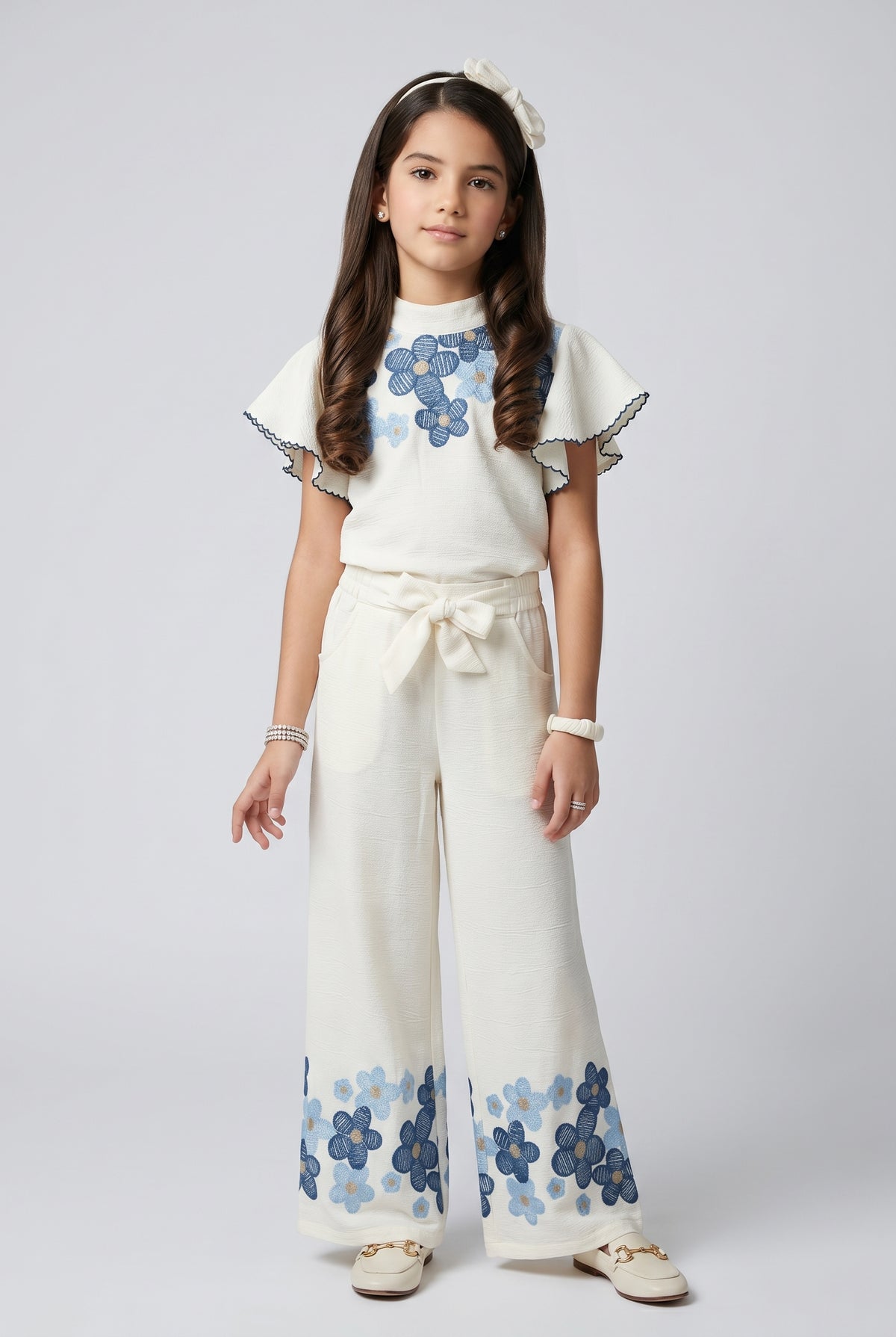 Off-White Blue Floral Flutter Sleeve Top & Wide-Leg Pants Co-Ord 3437