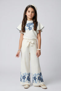 Off-White Blue Floral Flutter Sleeve Top & Wide-Leg Pants Co-Ord 3437