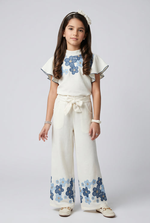 Off-White Blue Floral Flutter Sleeve Top & Wide-Leg Pants Co-Ord 3437