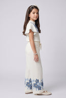 Off-White Blue Floral Flutter Sleeve Top & Wide-Leg Pants Co-Ord 3437