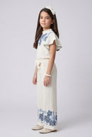 Off-White Blue Floral Flutter Sleeve Top & Wide-Leg Pants Co-Ord 3437