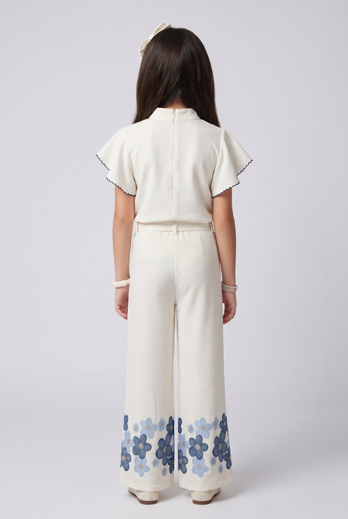 Off-White Blue Floral Flutter Sleeve Top & Wide-Leg Pants Co-Ord 3437