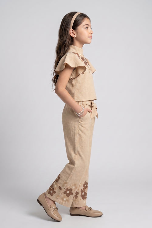 Fawn Floral Embroidered Flutter Sleeve Co-ord Set 3437