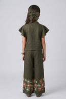 Olive Green Floral Embroidered Flutter Sleeve Co-ord Set 3437