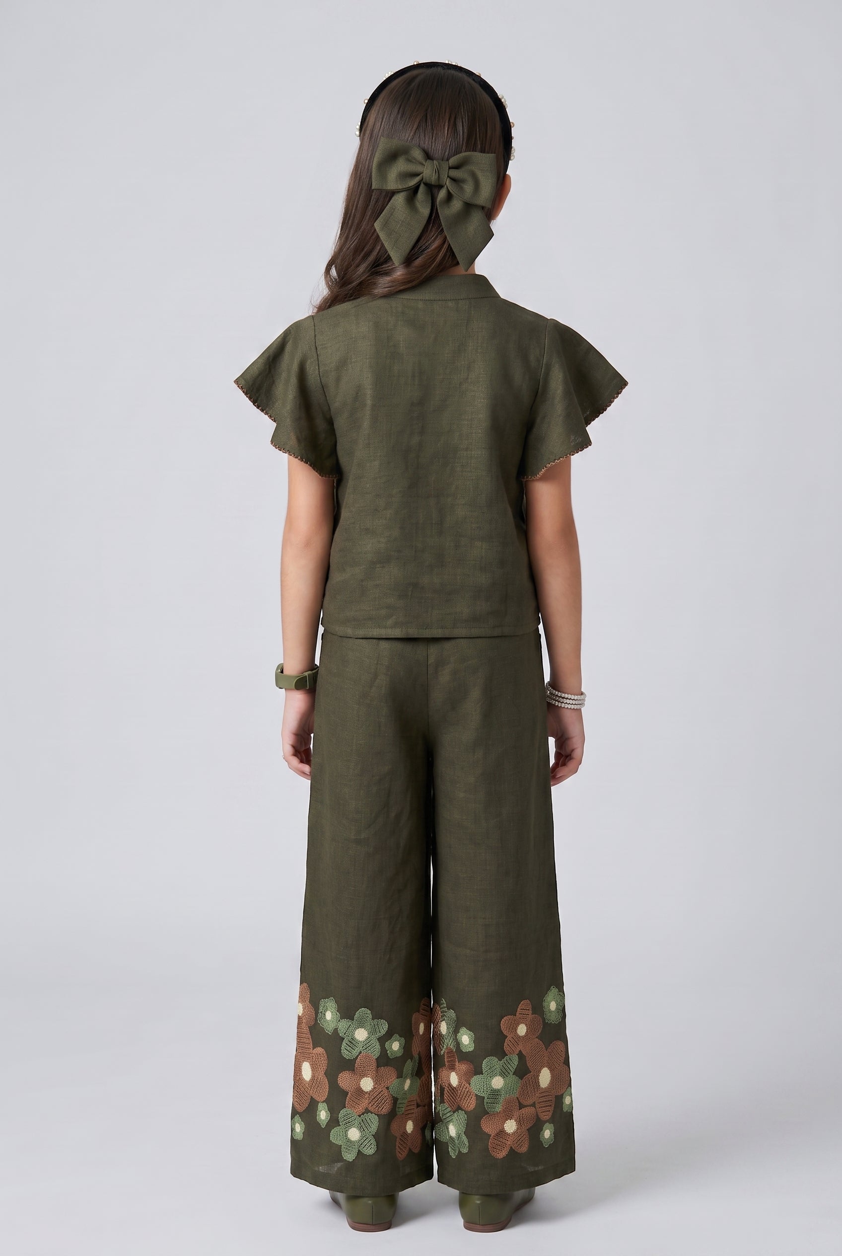 Olive Green Floral Embroidered Flutter Sleeve Co-ord Set 3437