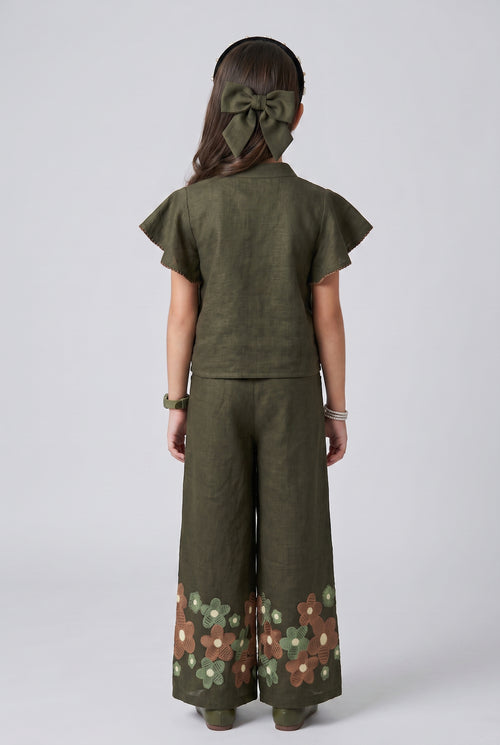 Olive Green Floral Embroidered Flutter Sleeve Co-ord Set 3437