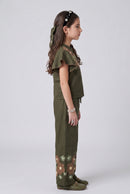 Olive Green Floral Embroidered Flutter Sleeve Co-ord Set 3437