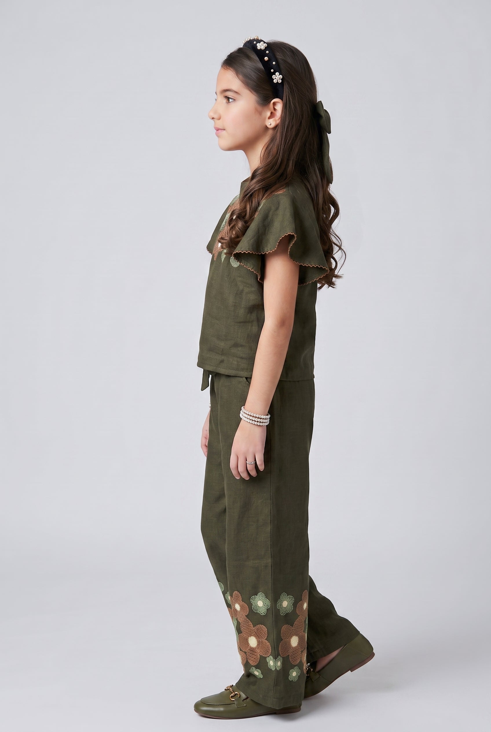 Olive Green Floral Embroidered Flutter Sleeve Co-ord Set 3437