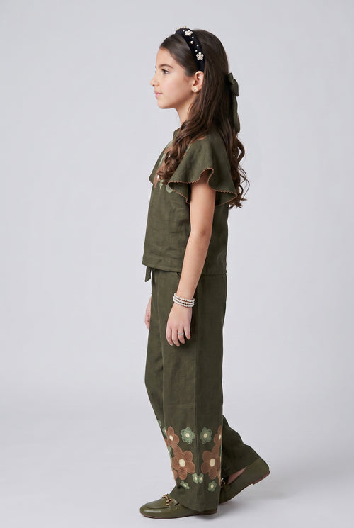 Olive Green Floral Embroidered Flutter Sleeve Co-ord Set 3437