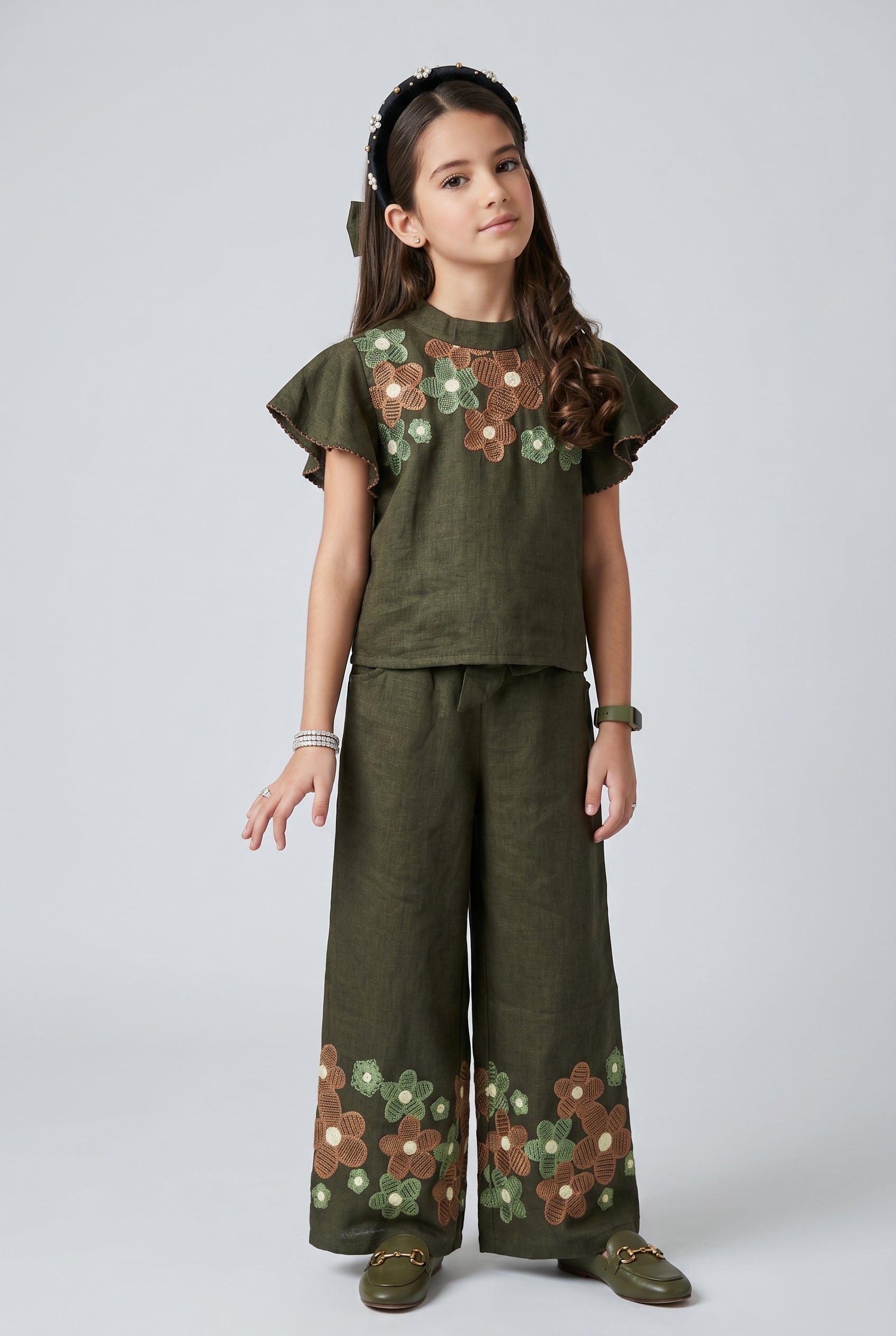 Olive Green Floral Embroidered Flutter Sleeve Co-ord Set 3437