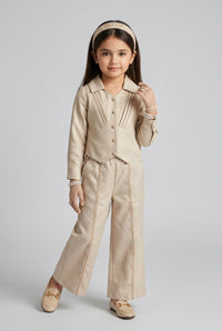 Champagne Pleated Shirt Top with Wide-Leg Trousers SET3447