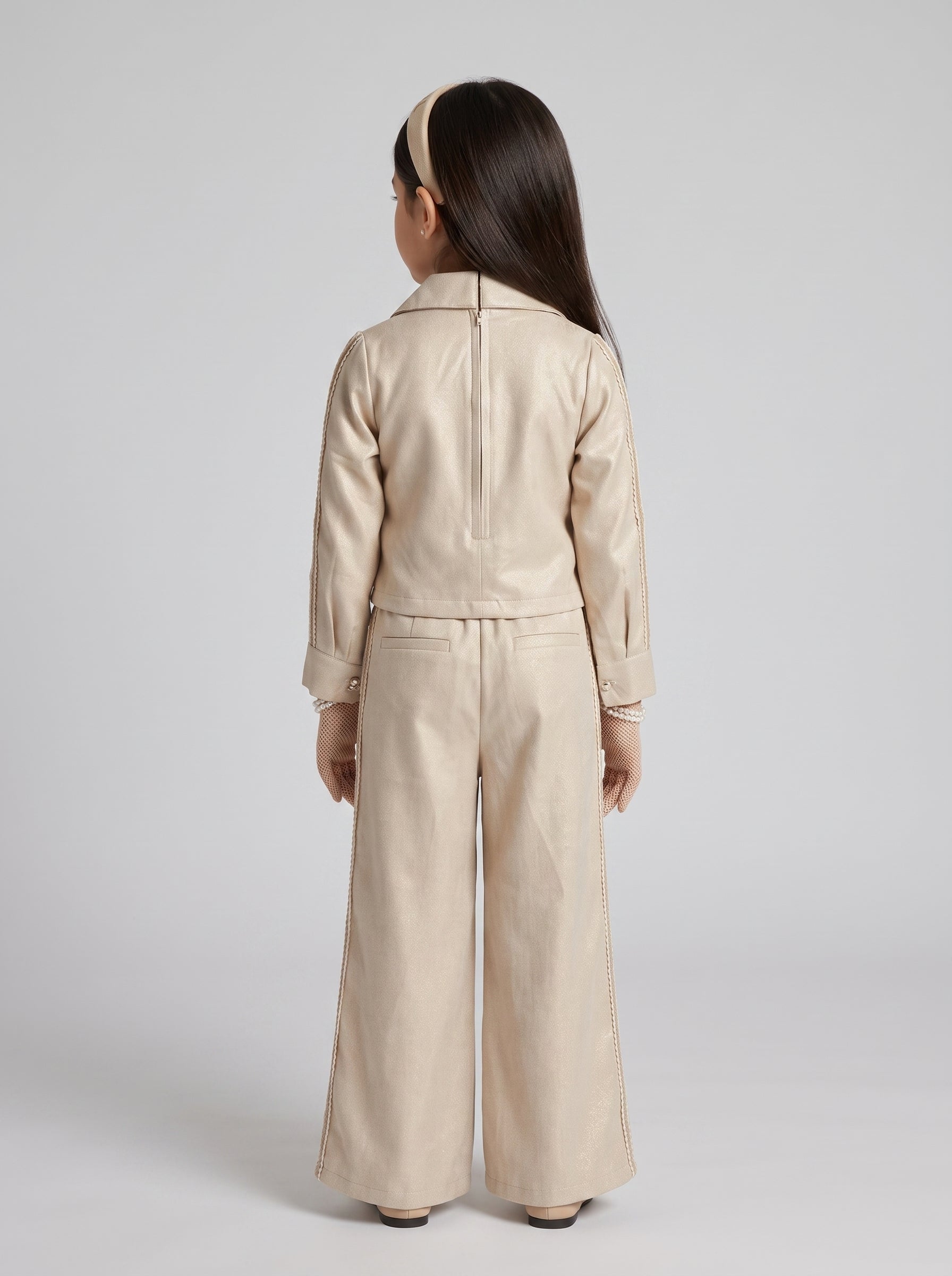 Champagne Pleated Shirt Top with Wide-Leg Trousers SET3447