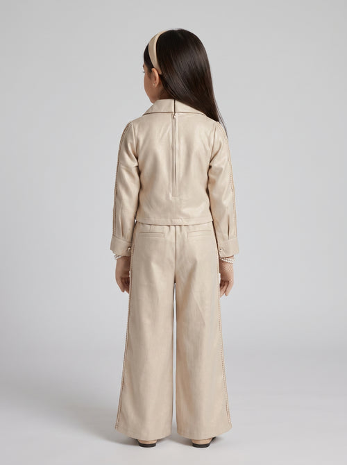 Champagne Pleated Shirt Top with Wide-Leg Trousers SET3447
