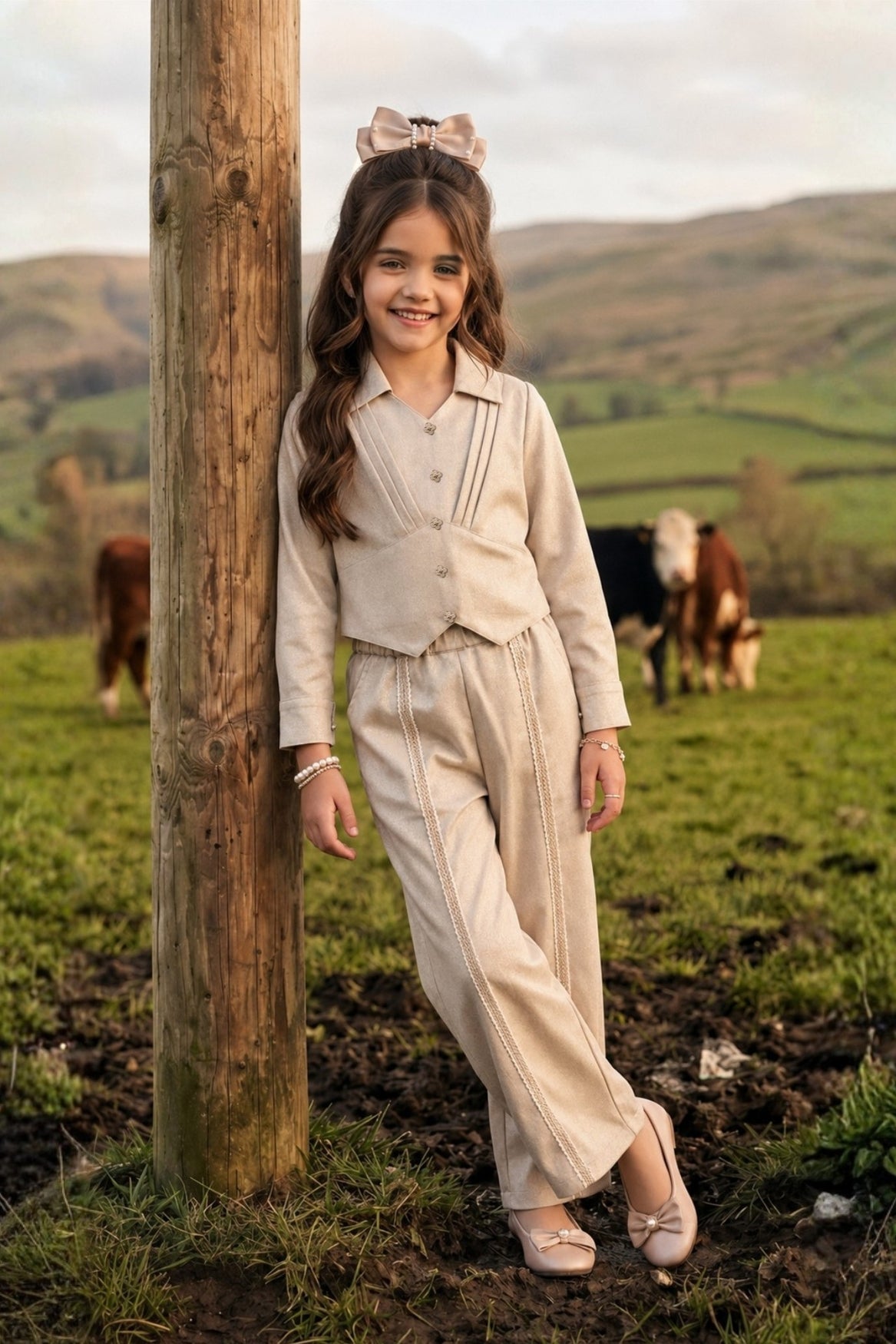 Champagne Pleated Shirt Top with Wide-Leg Trousers SET3447