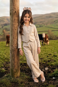 Champagne Pleated Shirt Top with Wide-Leg Trousers SET3447