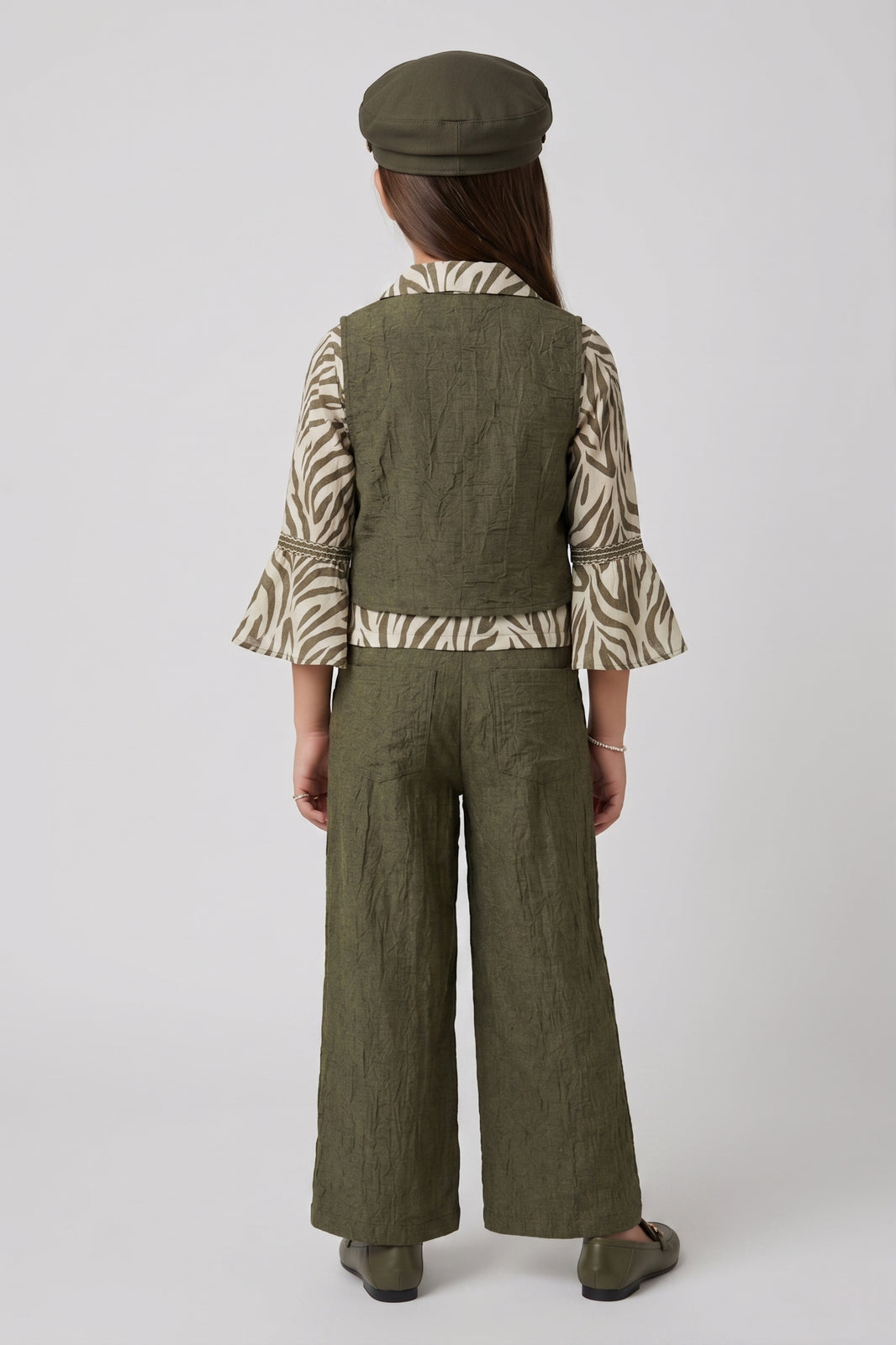 Olive Green Zebra Print Layered 3-Piece Co-ord Set 3448