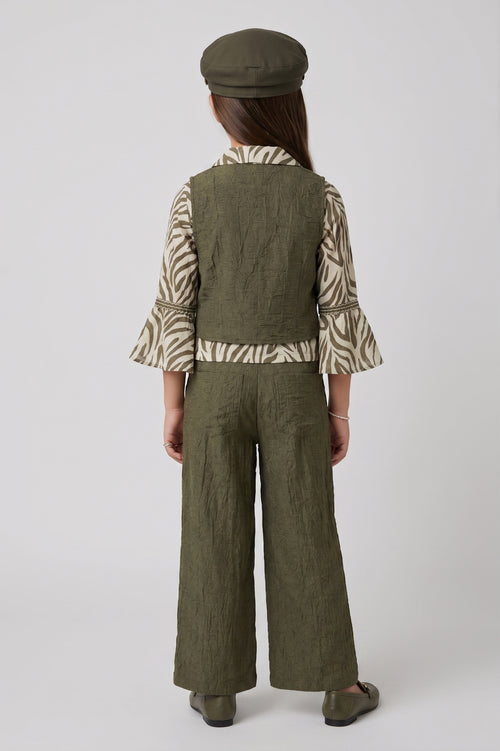 Olive Green Zebra Print Layered 3-Piece Co-ord Set 3448
