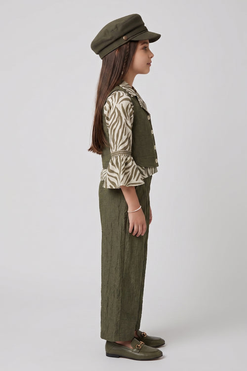 Olive Green Zebra Print Layered 3-Piece Co-ord Set 3448